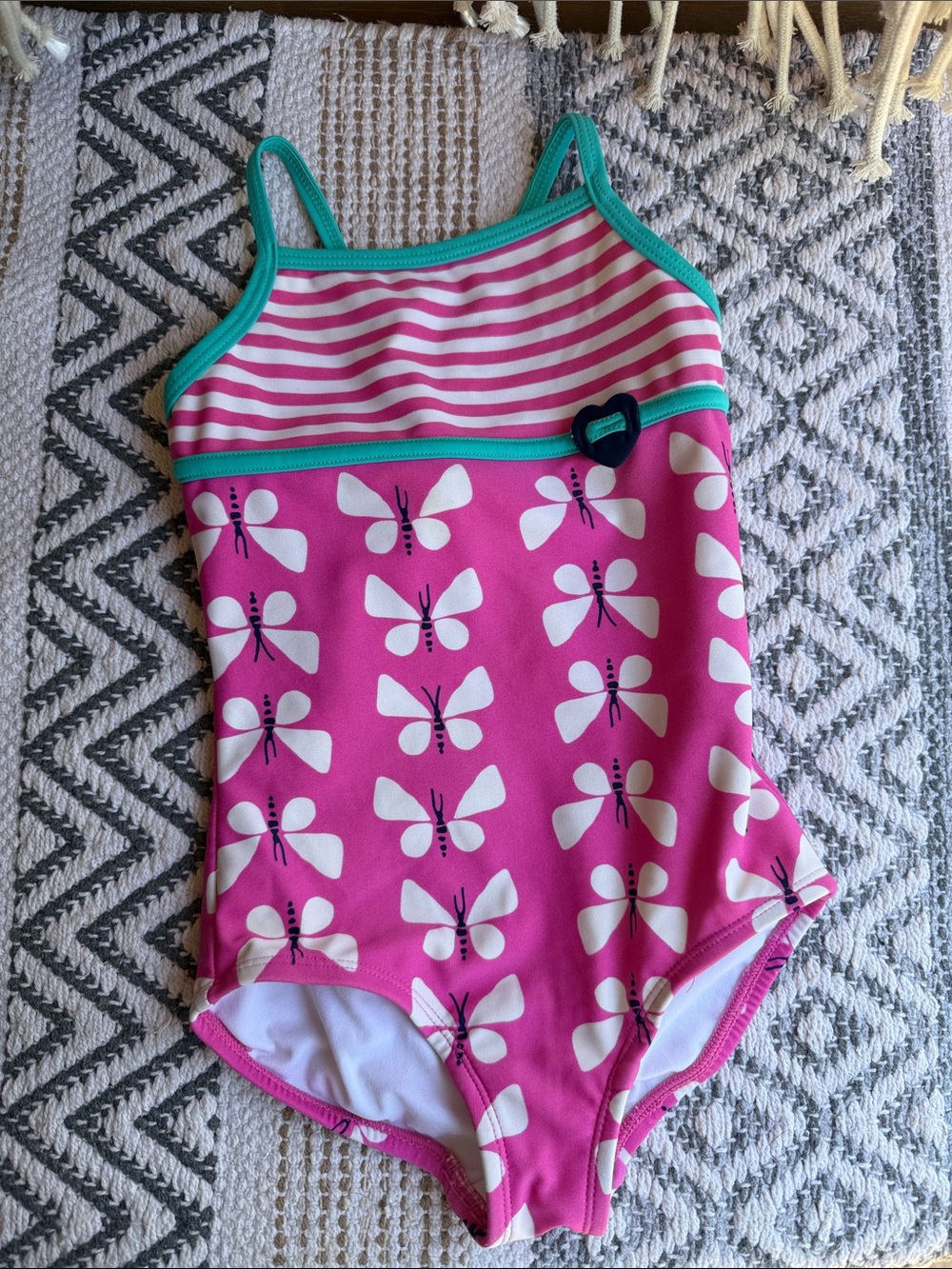 Hanna Andersson Pink Butterfly One-Piece Swimsuit with Teal Trim